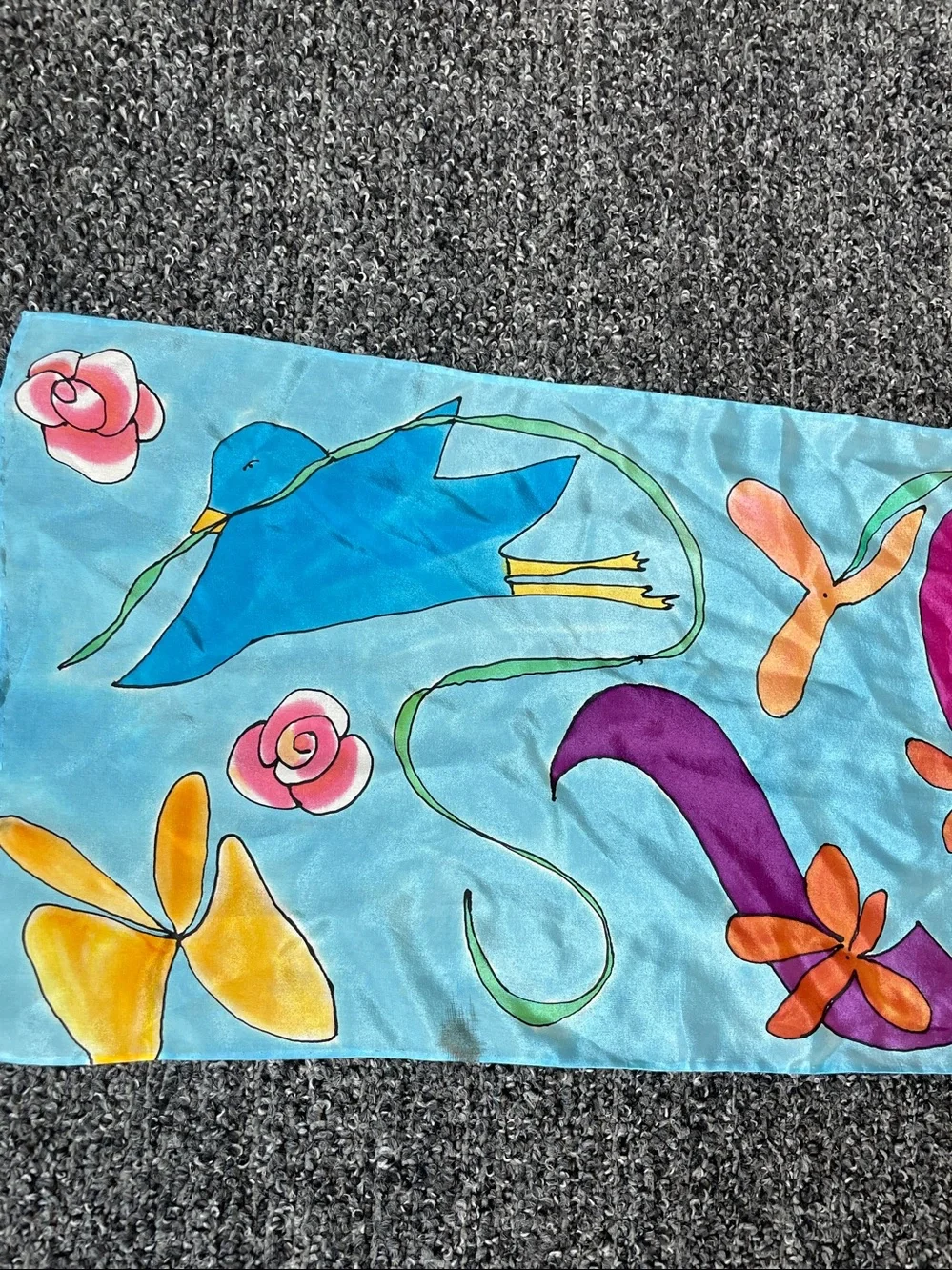 Jan Gipple Signed Vintage Silk Scarf Whimsical Birds Floral Art Print Long
